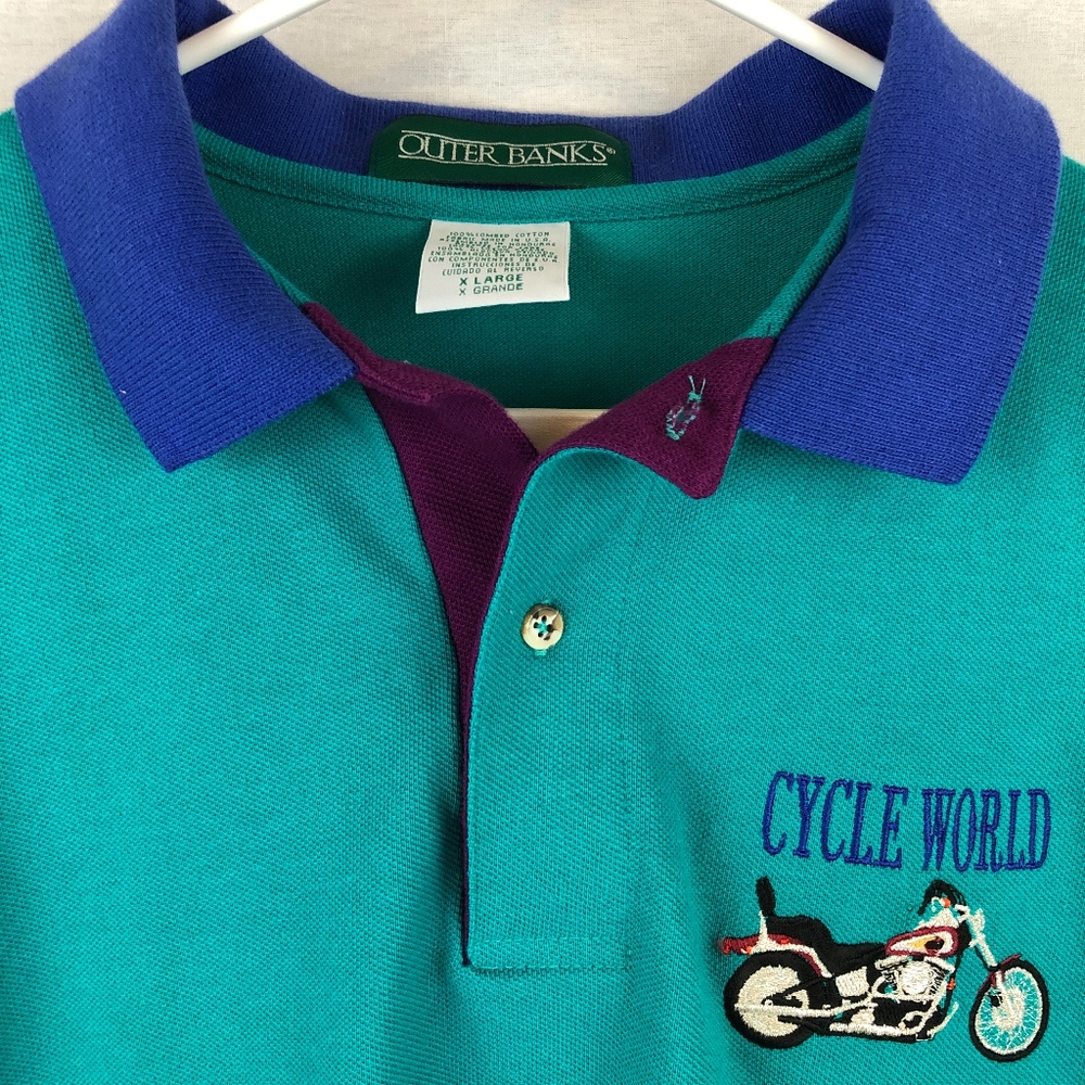 VINTAGE 1980's "Cycle World" Color Blocking Polo